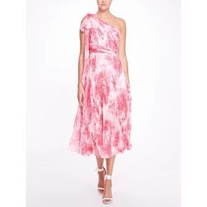 Marchesa one shoulder printed chiffon pleated dress pink US8